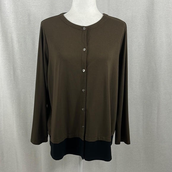 J. Jill Wearever Collection Womens Button Up Cardigan Top Brown Black Size LP - Picture 1 of 9